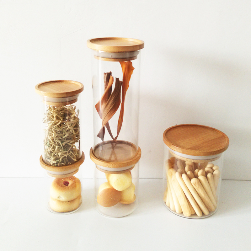 Kitchen food  transparent jars with bamboo and wood LIDS can be stacked