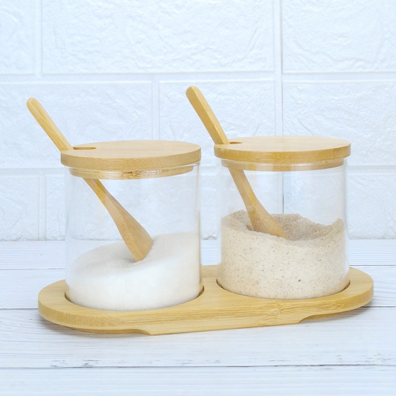 Kitchen glass spice set borosilicate glass jar with wooden holder