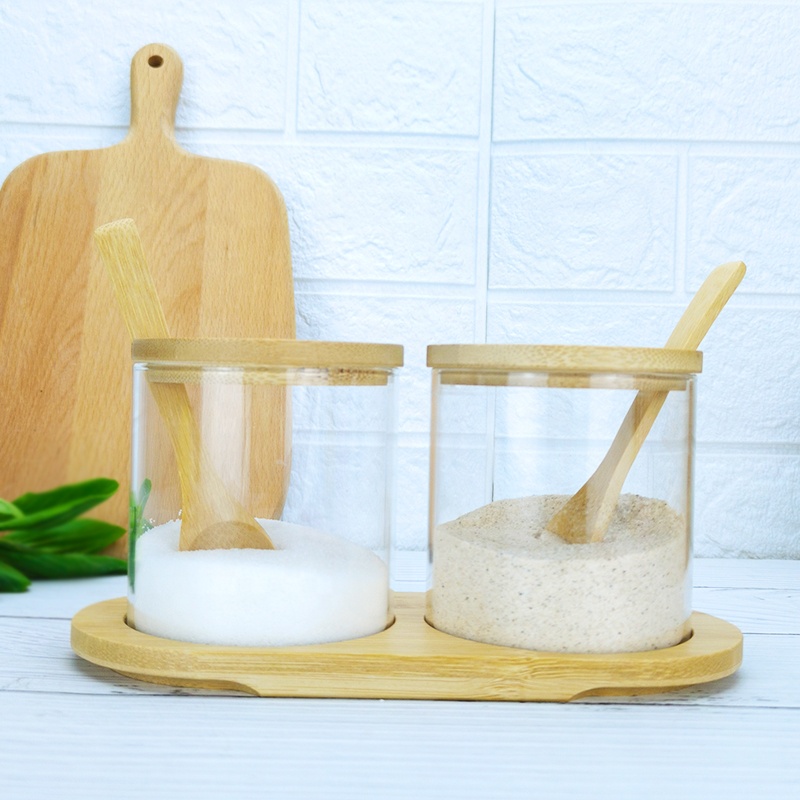 Kitchen glass spice set borosilicate glass jar with wooden holder