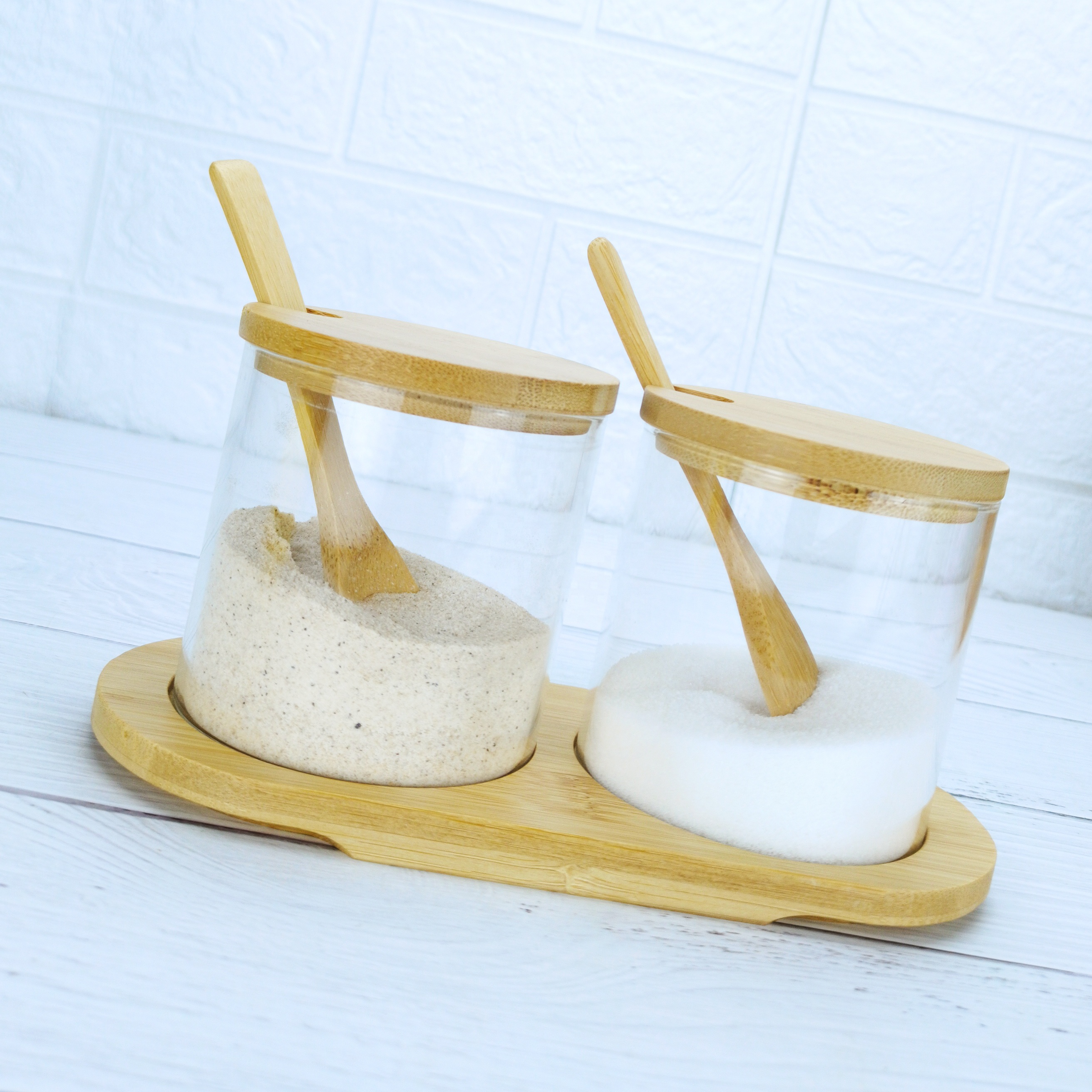Kitchen glass spice set borosilicate glass jar with wooden holder