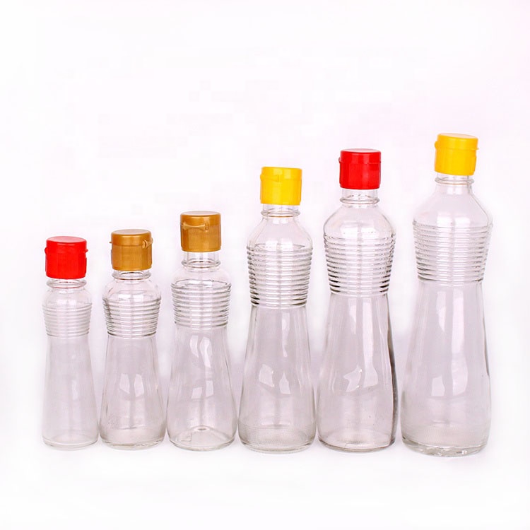 Kitchen hot sell 4oz 12oz empty glass sesam seed oil soy sauce bottle with plastic dispenser