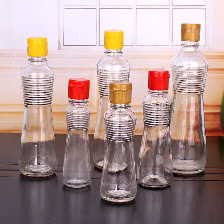 Kitchen hot sell 4oz 12oz empty glass sesam seed oil soy sauce bottle with plastic dispenser