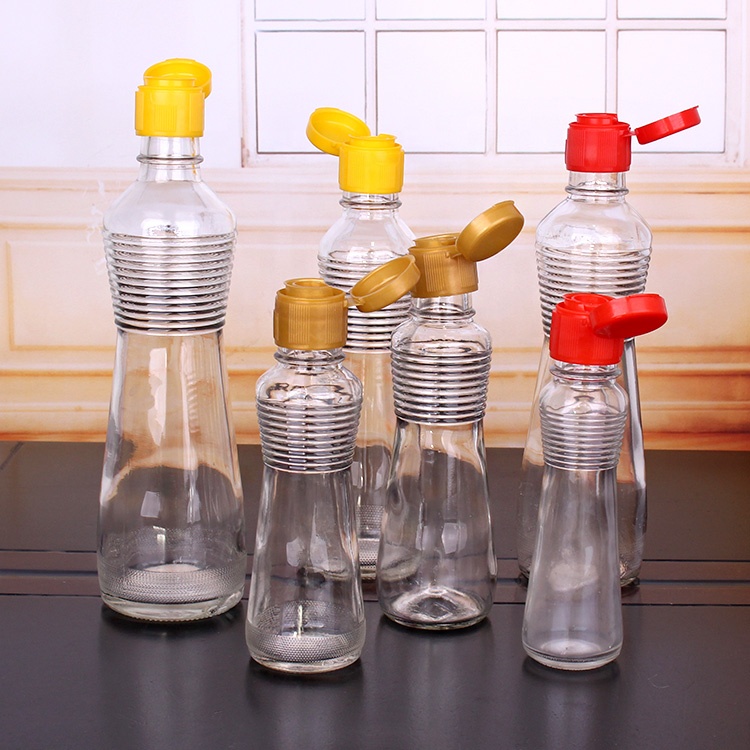 Kitchen hot sell 4oz 12oz empty glass sesam seed oil soy sauce bottle with plastic dispenser