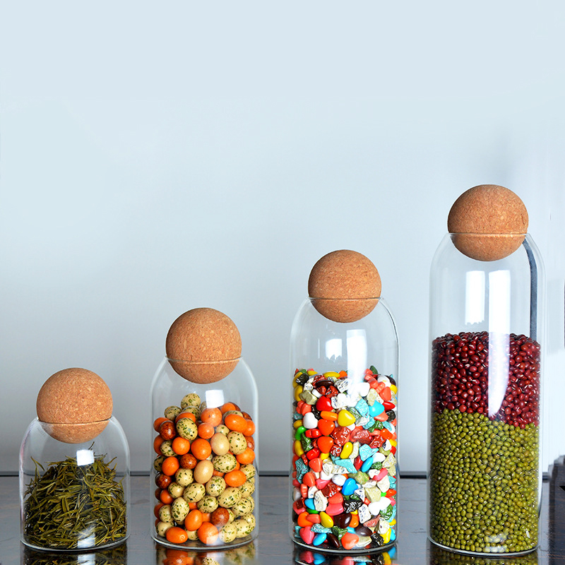 Kitchen luxury large food cookie slant container bottle bamboo ball lids high borosilicate glass storage jar