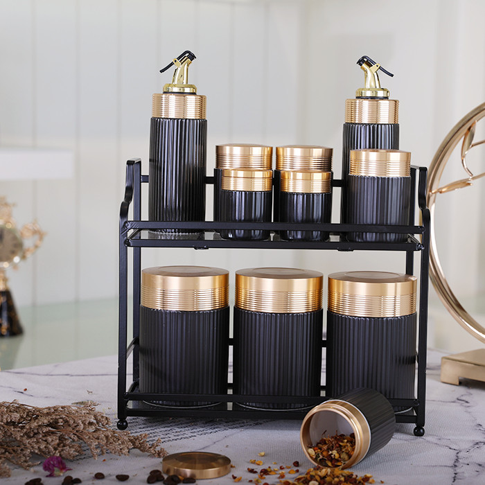 Kitchen olive oil vinegar dispenser bottle sugar salt jar set ceramic kitchen coffee canister sets with metal stand