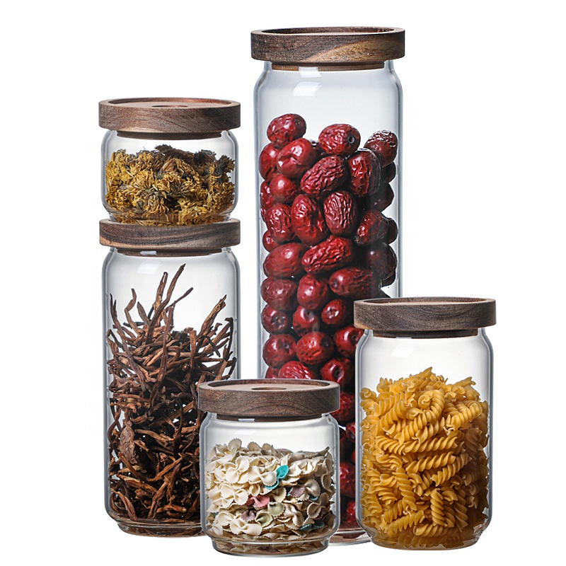 Kitchen sealed storage glass jar with retro wooden lid