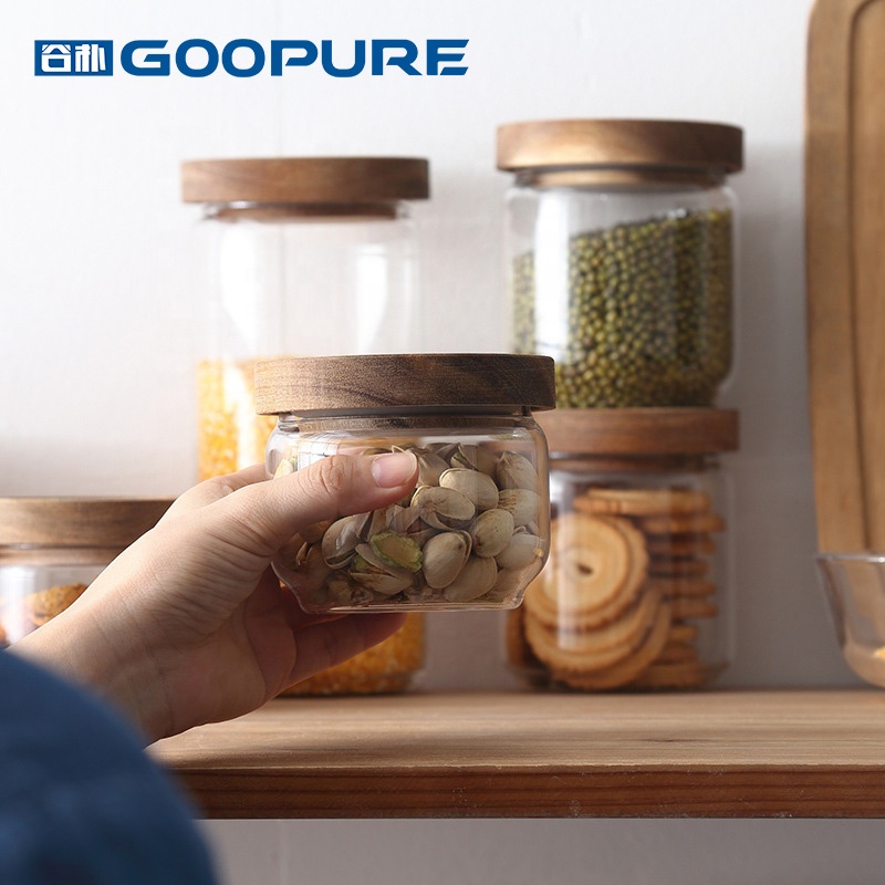 Kitchen sealed storage glass jar with retro wooden lid