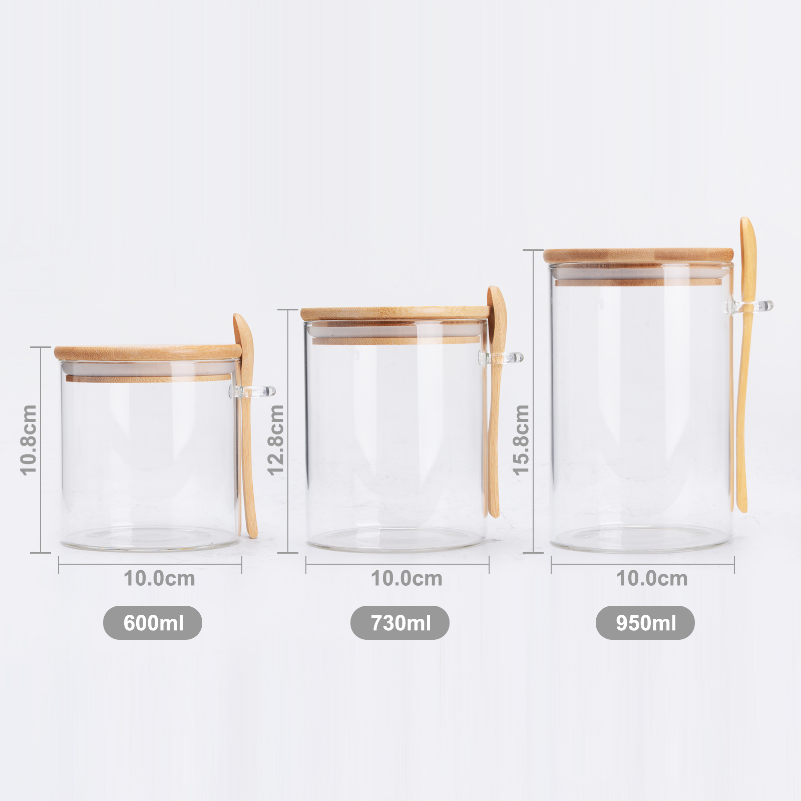 Kitchen spice canister borosilicate glass storage jar with wooden spoon