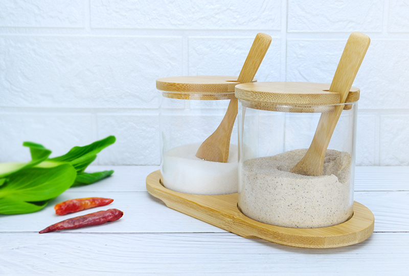 Kitchen spice storage jar set with bamboo tray and wooden spoon