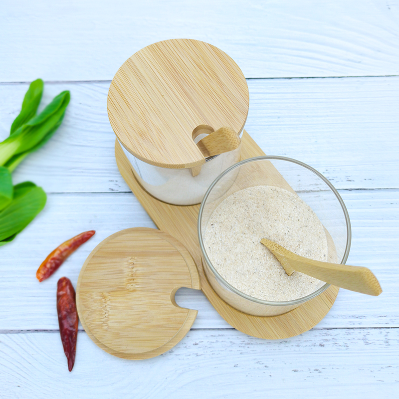 Kitchen spice storage jar set with bamboo tray and wooden spoon