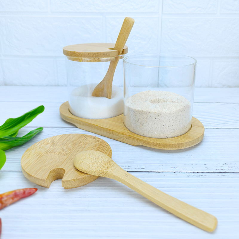 Kitchen spice storage jar set with bamboo tray and wooden spoon