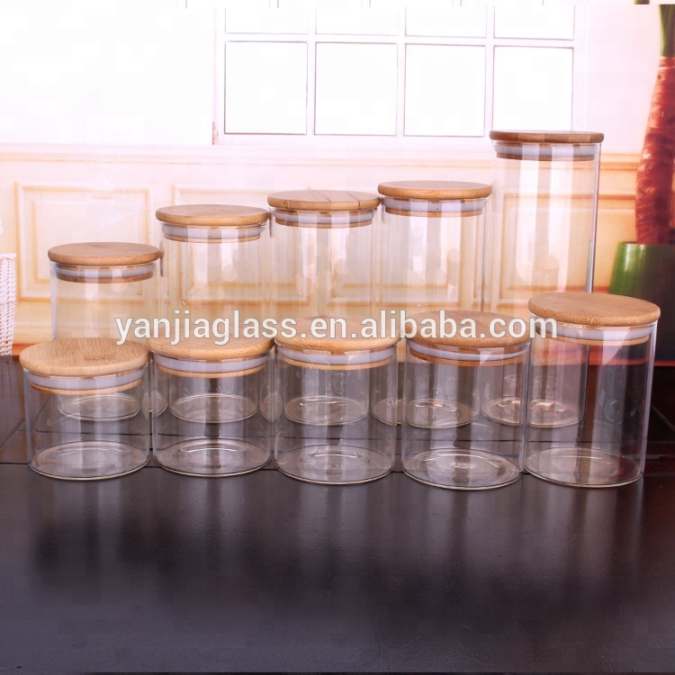 Kitchen stocked storage glass jar borosilicate jars container with bamboo lids