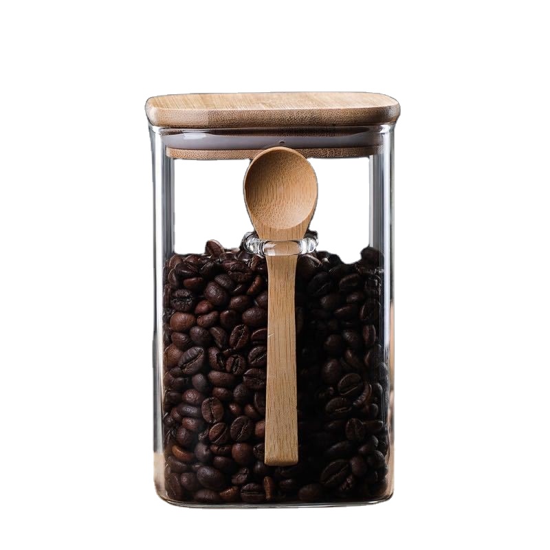 Kitchen storage food square glass jar with Bamboo wood lid with spoon