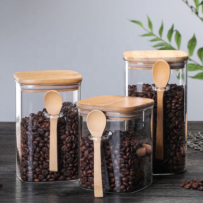 Kitchen storage food square glass jar with Bamboo wood lid with spoon