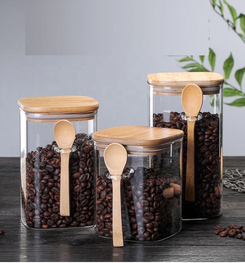 Kitchen storage food square glass jar with Bamboo wood lid with spoon