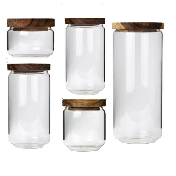 Kitchen storage glass jar with wood lid glass container with wooden lid