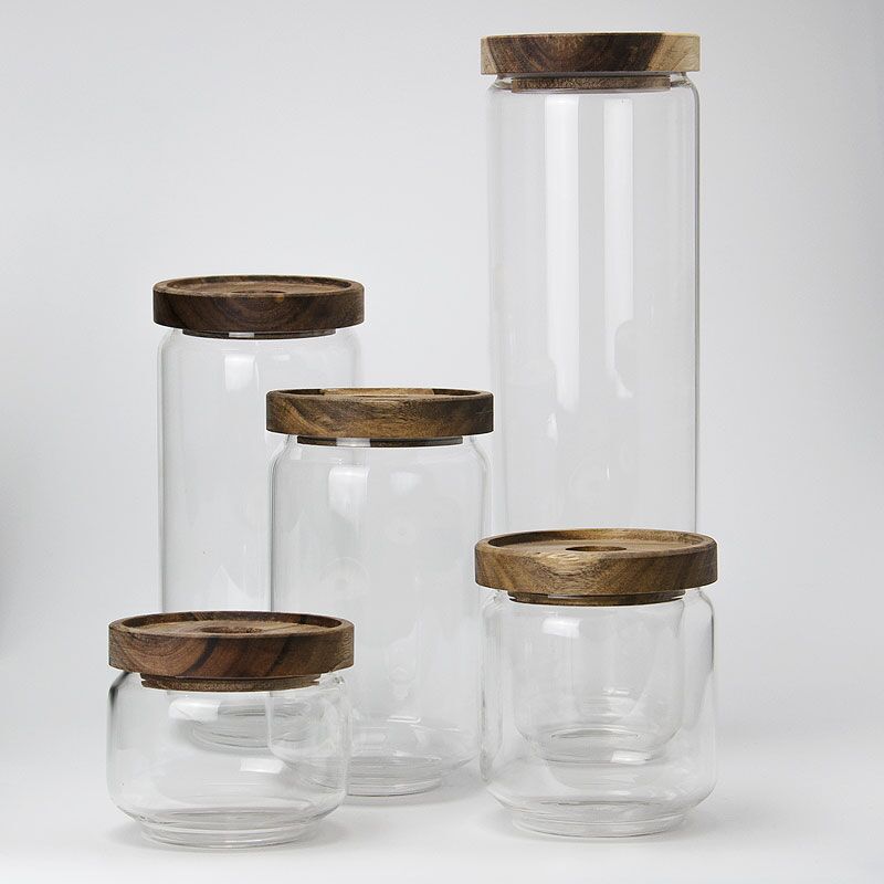 Kitchen storage glass jar with wood lid glass container with wooden lid