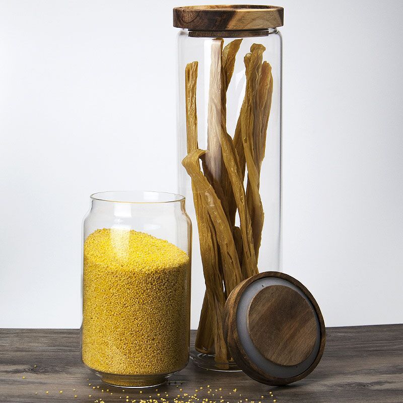 Kitchen storage glass jar with wood lid glass container with wooden lid