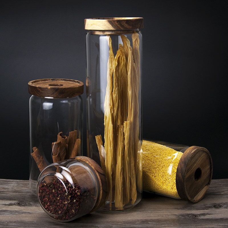 Kitchen storage glass jar with wood lid glass container with wooden lid