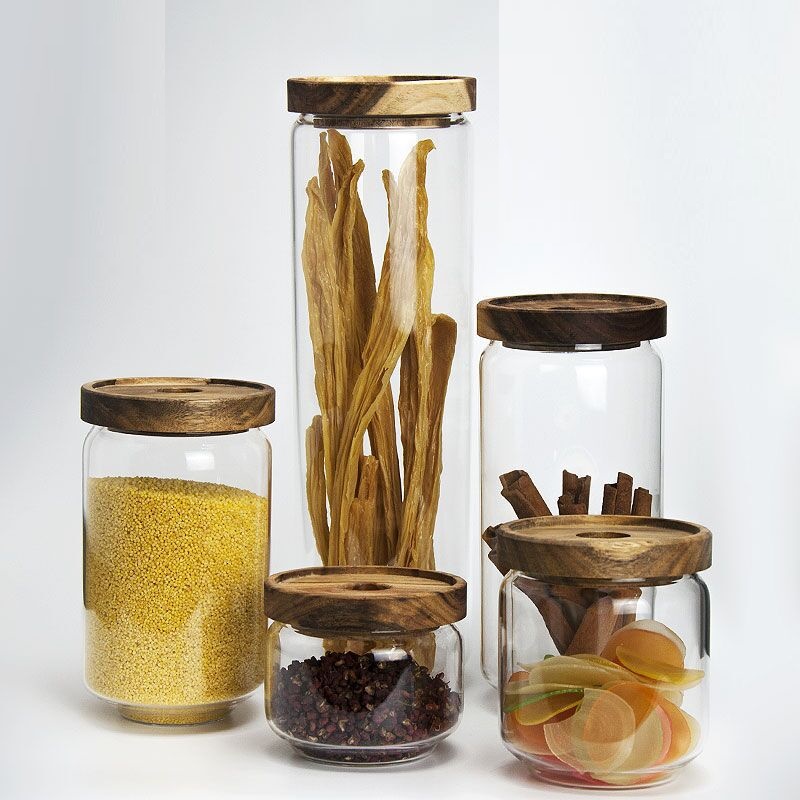 Kitchen storage glass jar with wood lid glass container with wooden lid