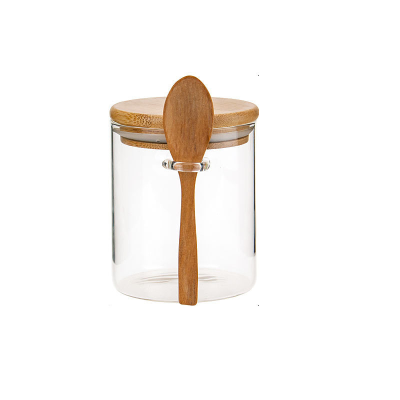 Kitchen storage jar three-piece set with a wooden spoon, a bamboo lid and a glass jar