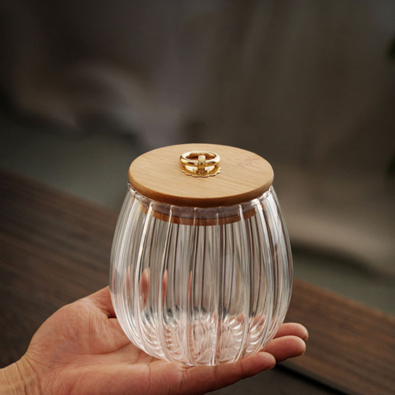 Kitchen tea jars striated high borosilicate glass storage jars container with bamboo lid wooden lid and golden ring-pull