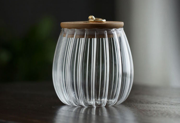 Kitchen tea jars striated high borosilicate glass storage jars container with bamboo lid wooden lid and golden ring-pull