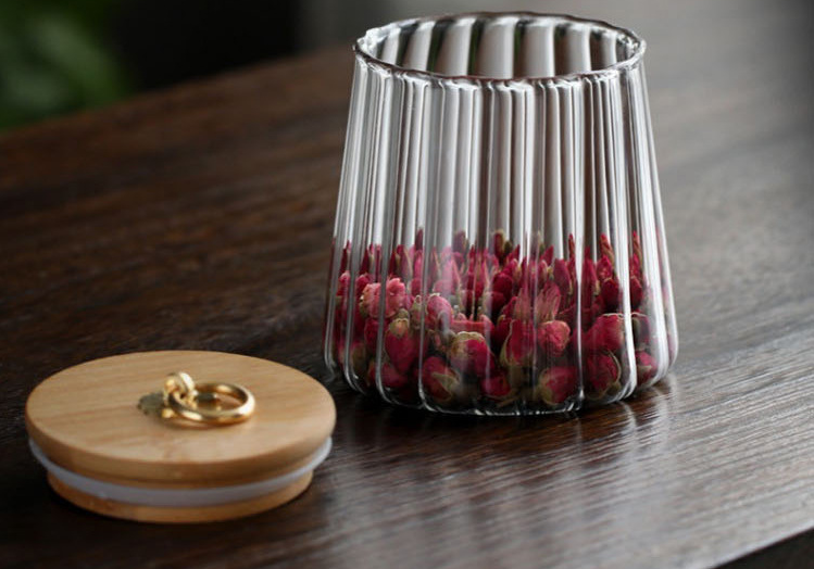 Kitchen tea jars striated high borosilicate glass storage jars container with bamboo lid wooden lid and golden ring-pull