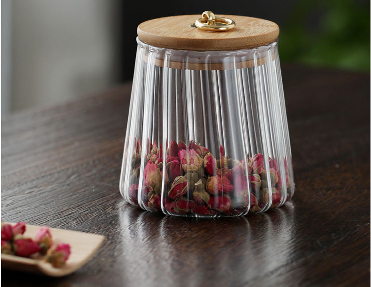 Kitchen tea jars striated high borosilicate glass storage jars container with bamboo lid wooden lid and golden ring-pull