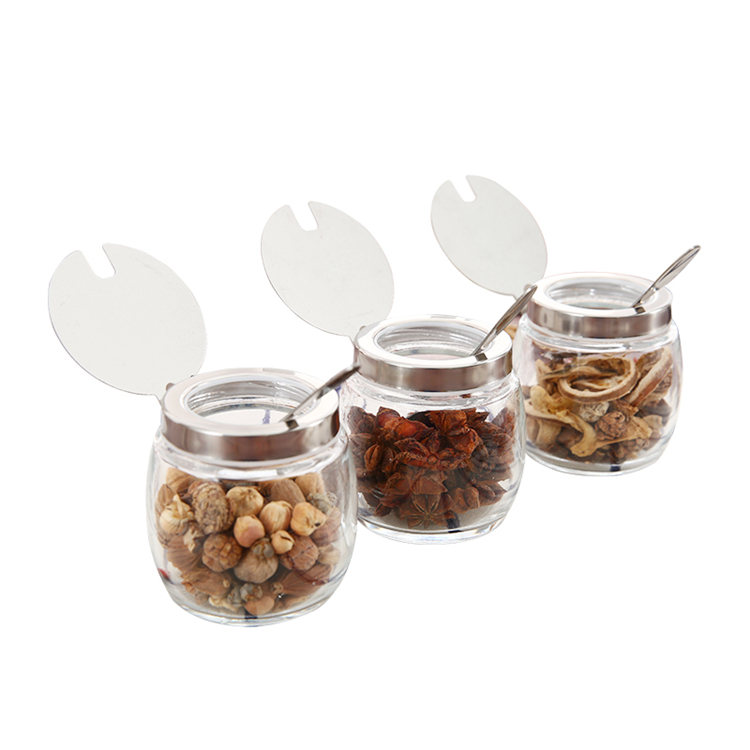 Kitchen utensils 220ml clear glass jar with spoon and stainless steel cover for pepper seasoning salt
