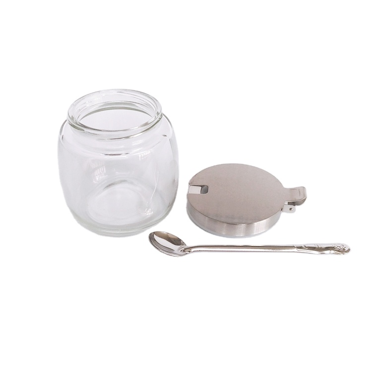 Kitchen utensils 220ml clear glass jar with spoon and stainless steel cover for pepper seasoning salt