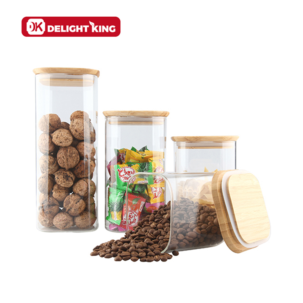 Kitchenware High Borosilicate Glass Storage jars with Bamboo Lids Square Glass Jar for candy spices storage