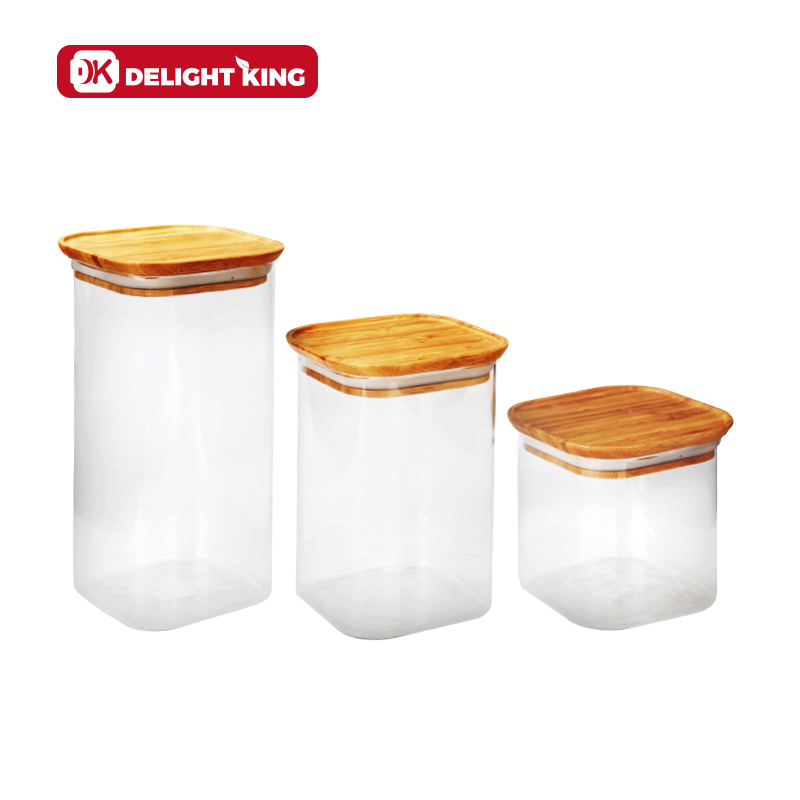Kitchenware High Borosilicate Glass Storage jars with Bamboo Lids Square Glass Jar for candy spices storage