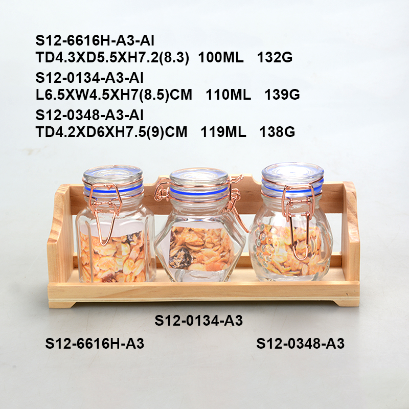 Kitchenware cooking 6 sets of 120ml glass spice jar glass seasoning bottle with Stainless Steel mesh lids and rotating stand