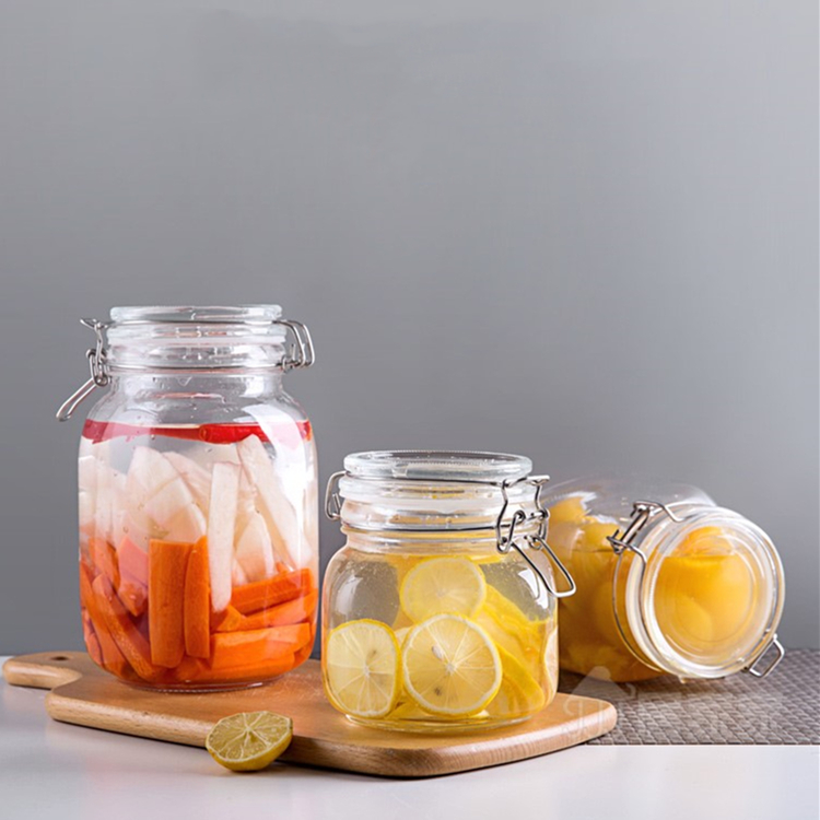 Kitchenware empty 750ml 1000ml 1500ml 2200ml wide mouth large glass food storage jar with clip top lid