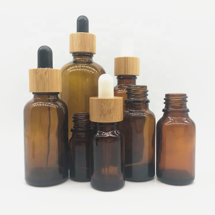 LA001 Screen printing bamboo essential oil glass amber dropper bottle with bamboo cap