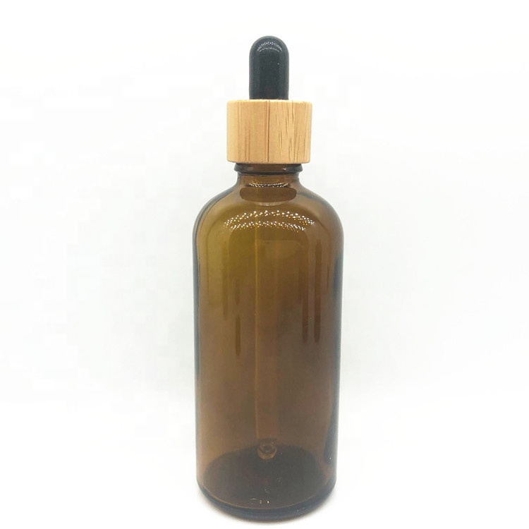 LA001 Screen printing bamboo essential oil glass amber dropper bottle with bamboo cap
