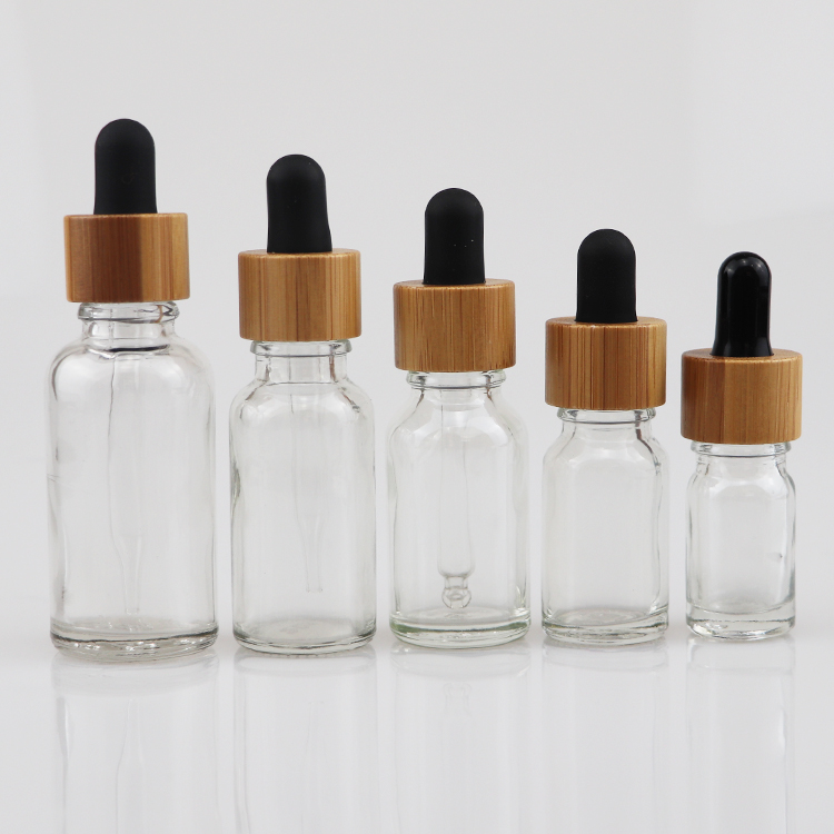 LANJING 30ml Essential Oil Bottle Clear Round Glass Dropper Bottle with Bamboo Cap