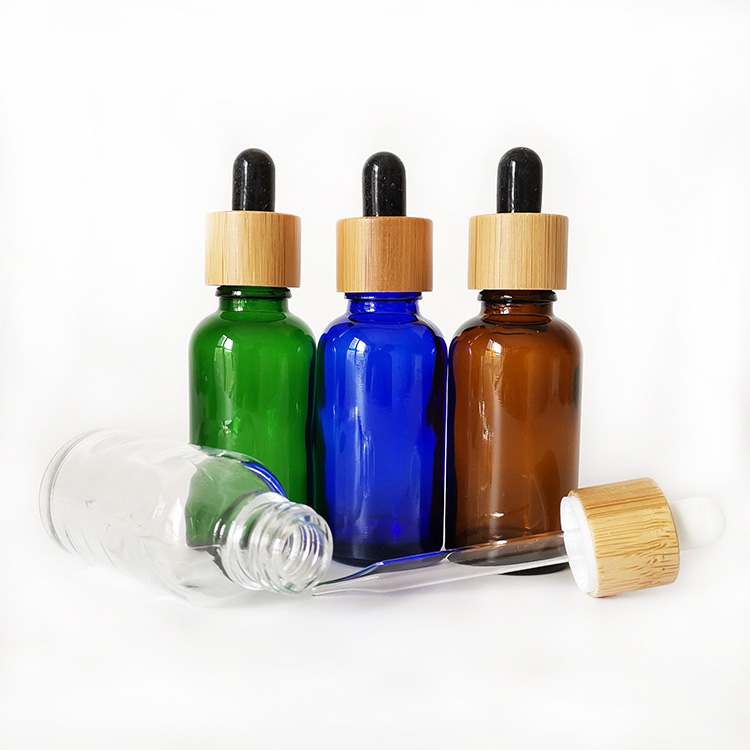 LANJING 30ml Essential Oil Bottle Clear Round Glass Dropper Bottle with Bamboo Cap