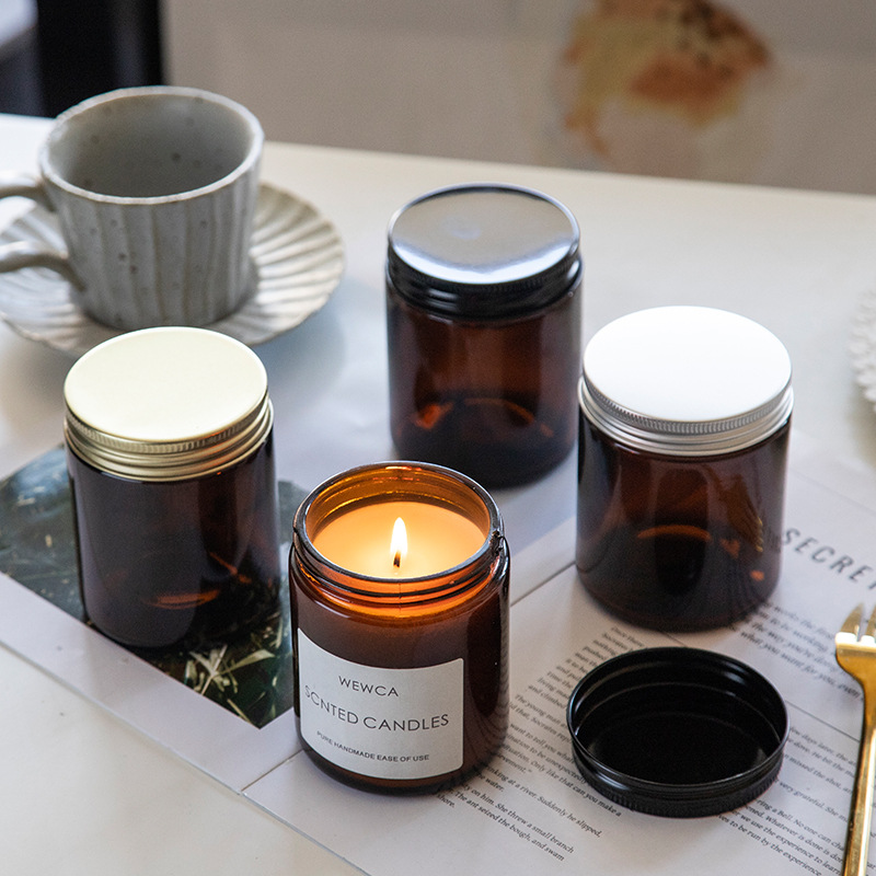 LANJING 8oz Amber Glass Candle Jar With Metal Lids for Scented Candle Making Cylinder Glass Jar