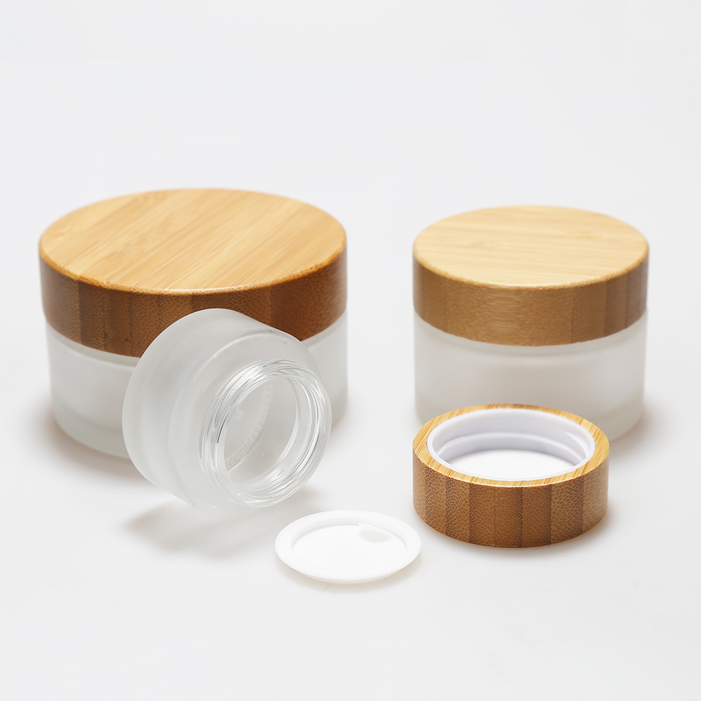 LANJING Clear Frosted Bamboo Glass Jar with  Wooden lid and spoon Cosmetic Packaging Empty glass jars