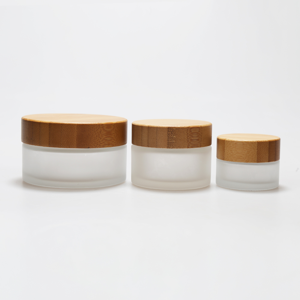 LANJING Clear Frosted Bamboo Glass Jar with Wooden lid and spoon Cosmetic Packaging Empty glass jars