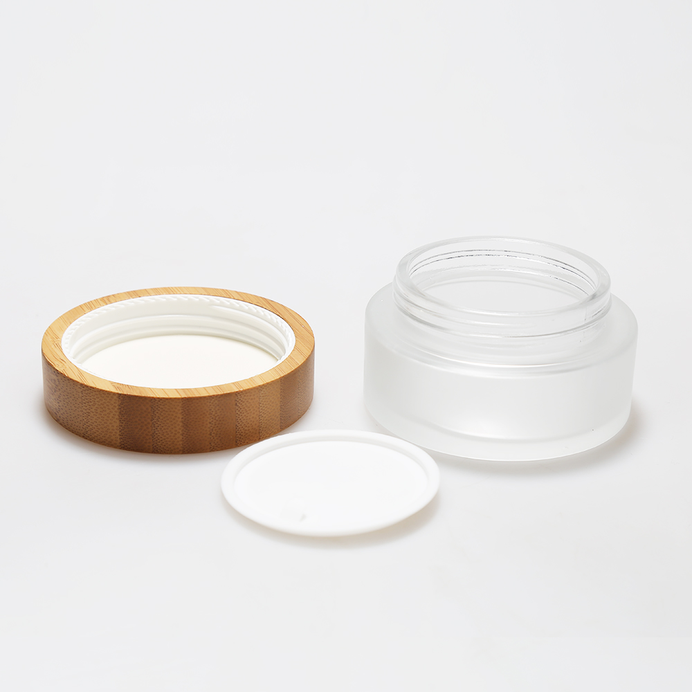 LANJING Clear Frosted Bamboo Glass Jar with Wooden lid and spoon Cosmetic Packaging Empty glass jars