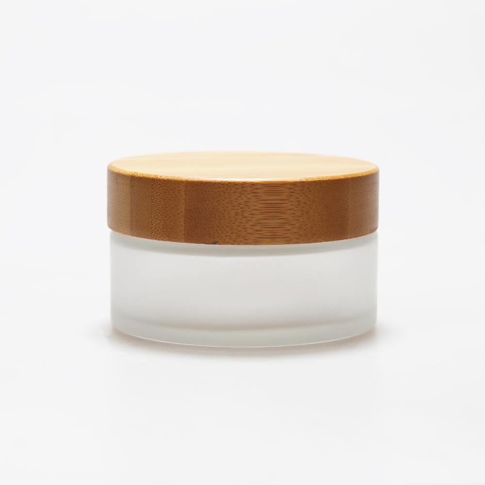 LANJING Clear Frosted Bamboo Glass Jar with Wooden lid and spoon Cosmetic Packaging Empty glass jars