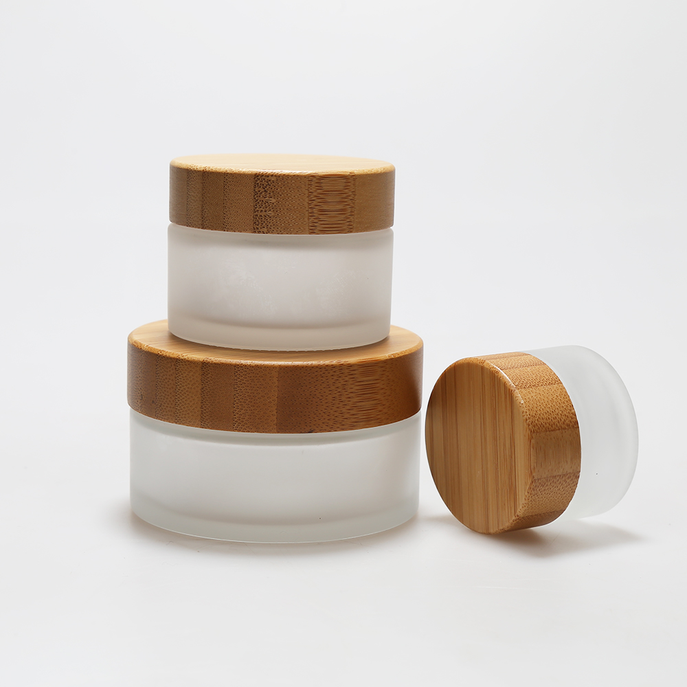 LANJING Clear Frosted Bamboo Glass Jar with Wooden lid and spoon Cosmetic Packaging Empty glass jars