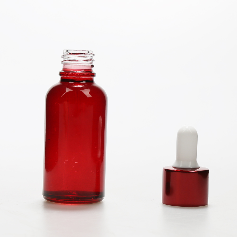 LANJING customized 30ml red glass dropper bottles with aluminum dropper for essential oil