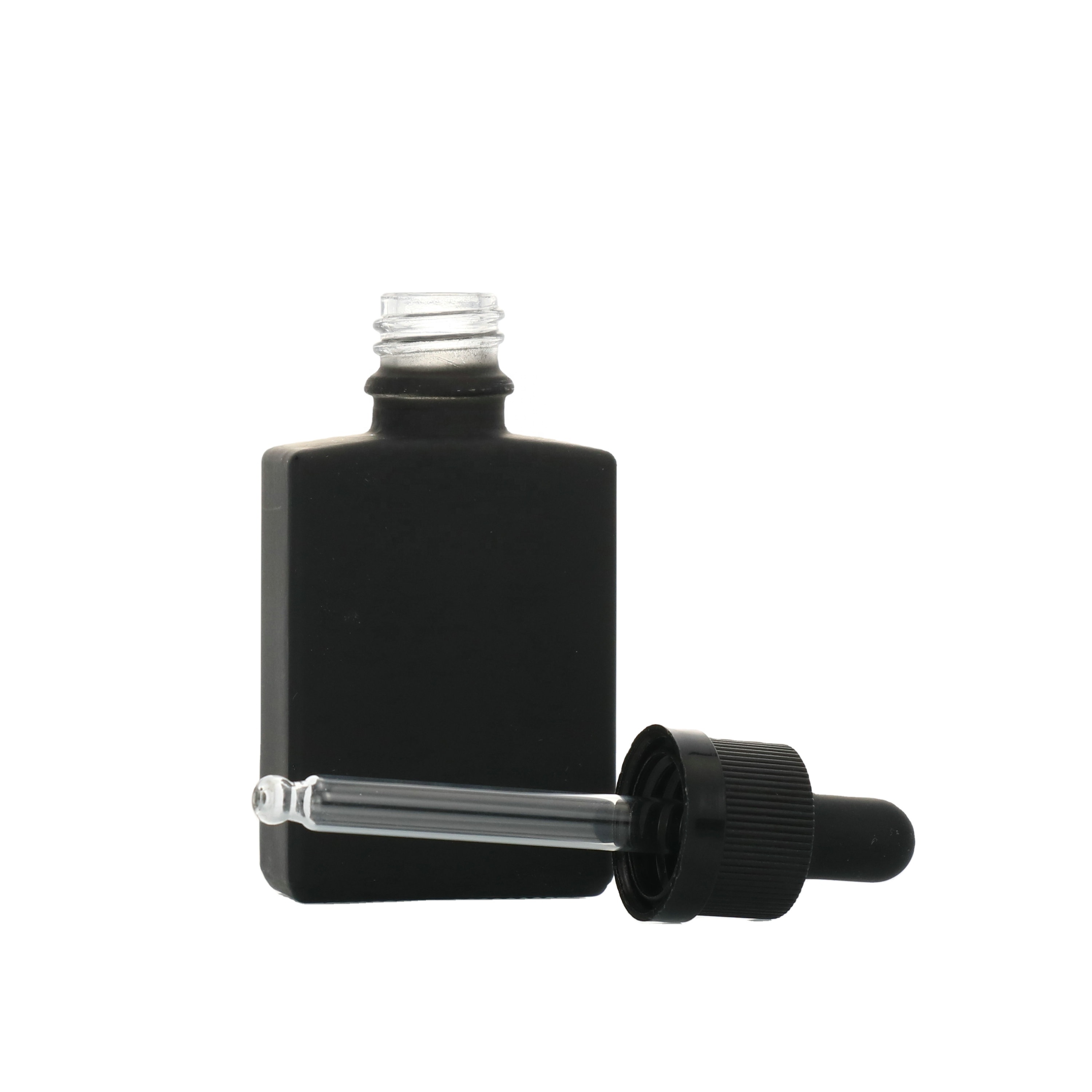 LANJING natural serum bottle square matte black glass essential oil dropper bottles 30ml 1OZ