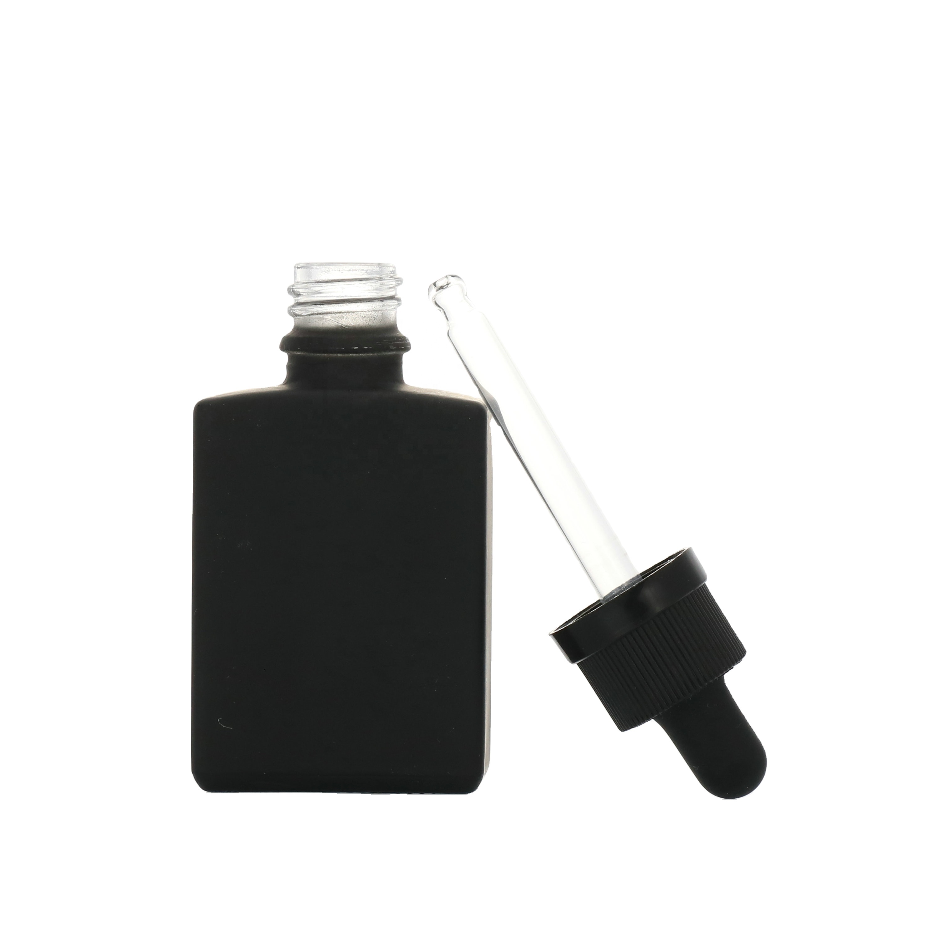 LANJING natural serum bottle square matte black glass essential oil dropper bottles 30ml 1OZ