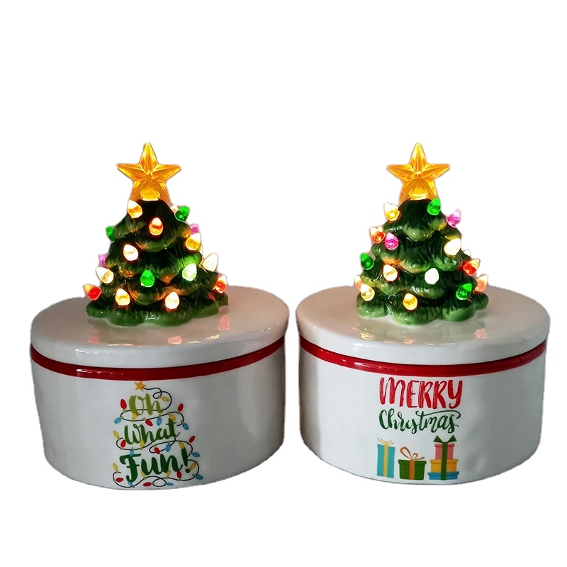 LED CHRISTMAS TREE COOKIE JAR Ceramic Canister with Led Night light Lid Christmas Cookie Jar Kitchen Canister Sets