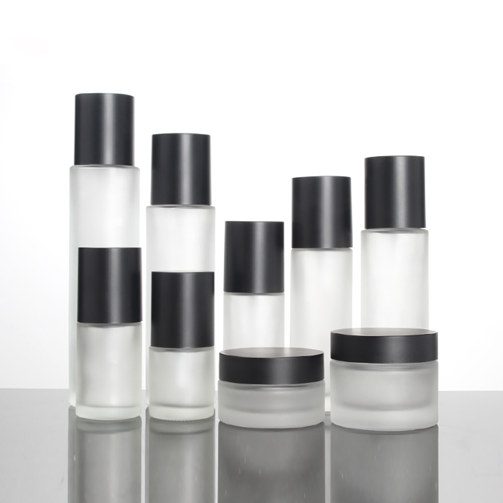 LGX25 Full Size Clear Frosted Glass Bottle with Black Lotion/Spray Pump,Cream Jar